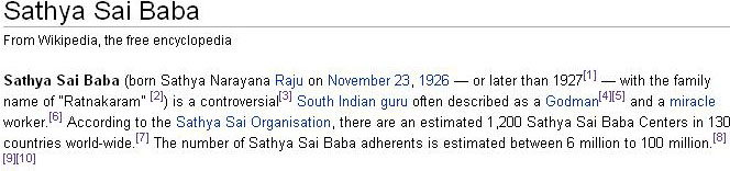 Wikipedia - numbers of Sathya Sai Baba adherents