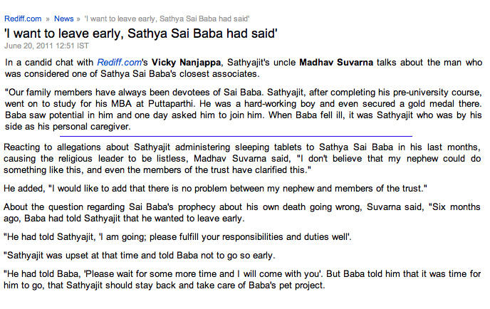 Sathya Sai Baba claimed he wanted to leave 'early' - i.e. before his predicted death dates