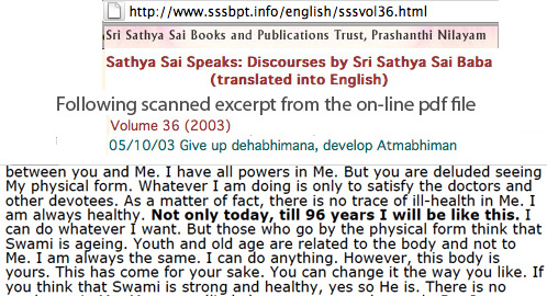 Sathya Sai Baba's recorded prediction that he would live until 96 years old