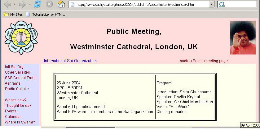 Phyllis Krystal's claimed Westminster Cathedral talk