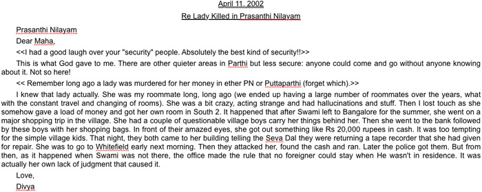 Independent report on murder of Swiss lady in Prashanthi Nilayam, 2002