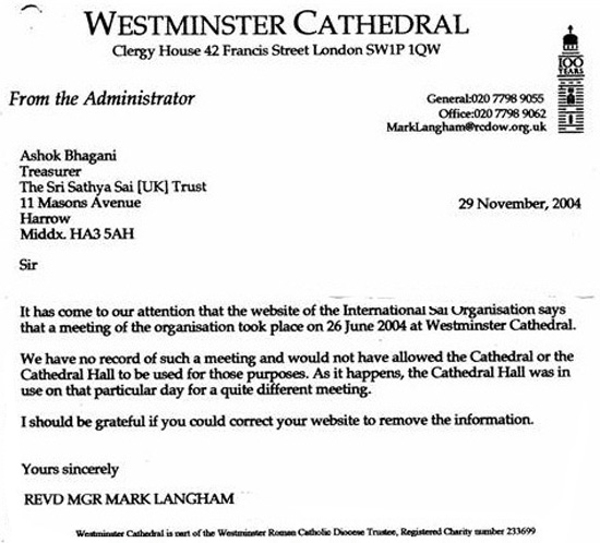 Westminster Cathedral rebuttal of Sai Organization's claim