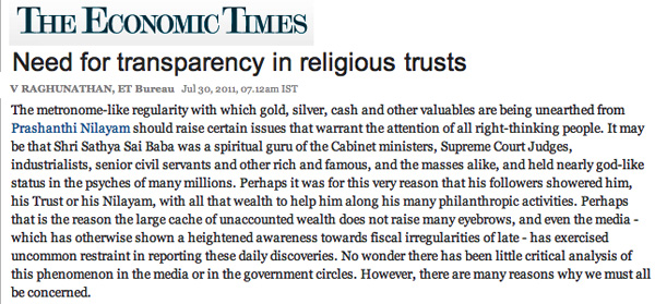 The Economic Times on Sai Trust irregularities
