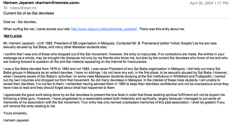 Mail from Hariram Jayaram, Malaysian lawyer, concerning sex abuses at Sai Baba' college